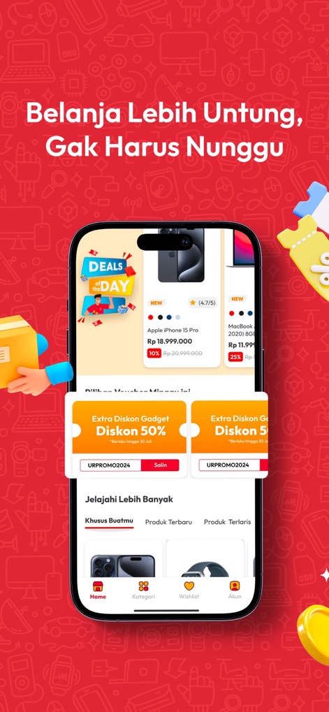 erafone - アプリのホーム画面には、「DEALS OF THE DAY」バナーで注目すべきセールが紹介され、ユーザーは「Extra Diskon Gadget」モーダルから特別割引クーポンを利用できます。