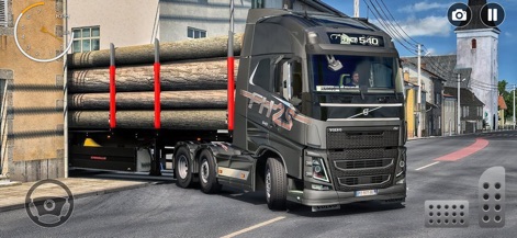 Euro Truck Simulator Games 3D - Observe how the app showcases famous truck models like the Volvo FH navigating challenging roads within detailed urban environments.