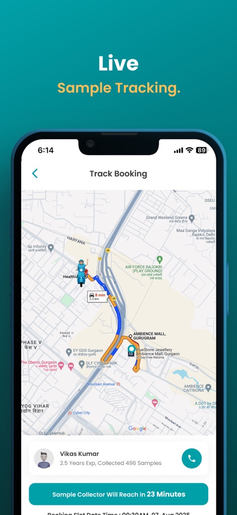 Healthians - Full Body Checkup - Monitor the live progress of sample collection, displaying the collector's real-time location on a map and an estimated arrival time like 'Will Reach In 23 Minutes'.