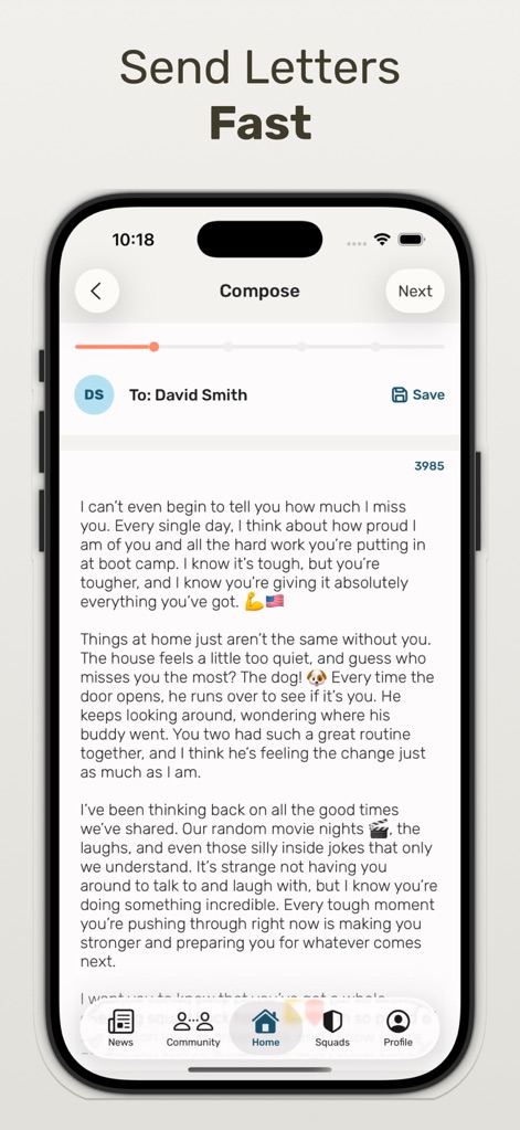 Sandboxx - Users can compose heartfelt messages within the app's clean text input field, supported by a real-time character count to help craft perfect letters.