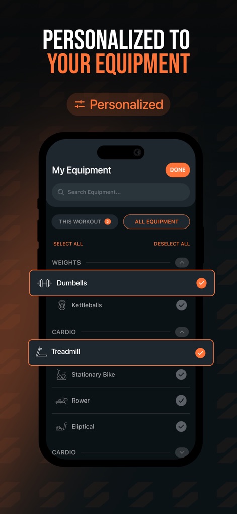SHRED: Gym & Home Workouts - Learn how the app allows users to personalize workouts by selecting available equipment, such as dumbbells and cardio machines.