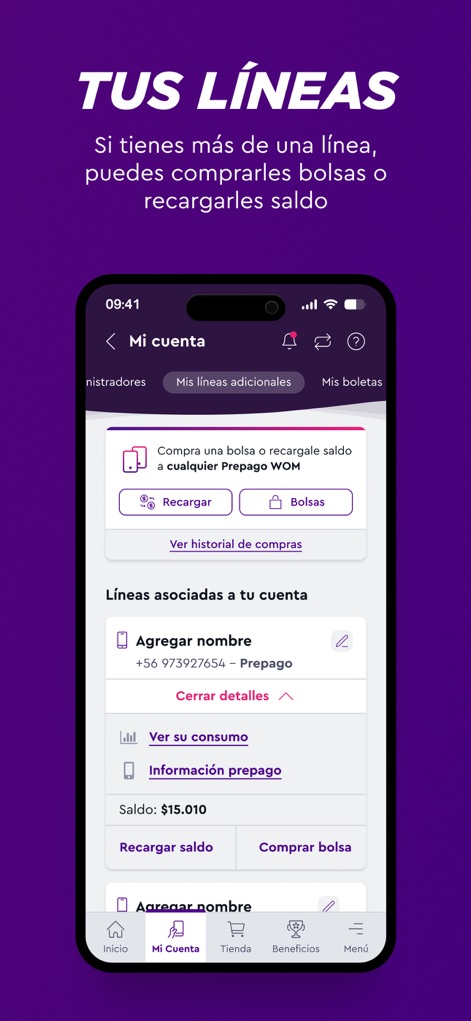 WOM (Chile) - The app enables robust management of multiple lines, offering quick options to recharge balances for associated prepaid services and review individual consumption details.