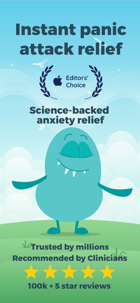 Rootd: Panic Attacks & Anxiety - O aplicativo exibe o reconhecimento "Editor's Choice" da Apple e o feedback positivo de "100k + 5 star reviews", enfatizando sua validação científica e confiança do usuário.