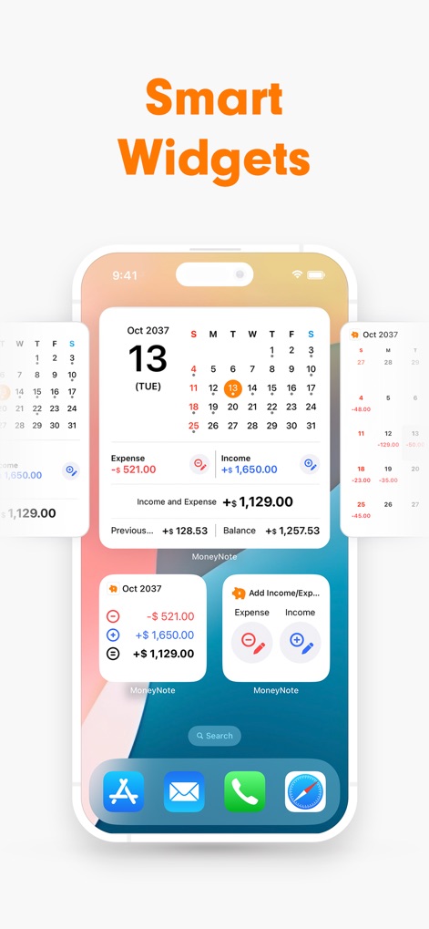 Expense Tracker - Money Note - The app integrates seamlessly with customizable Home Screen widgets that provide a mini calendar overview and quick access buttons for adding new entries directly.