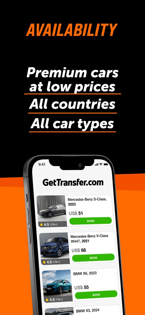 GetTransfer: Transfers & Rides - Users can explore a wide range of premium vehicles, viewing specific car models with prices and impressive star ratings like '4.5 (10k+) reviews'.