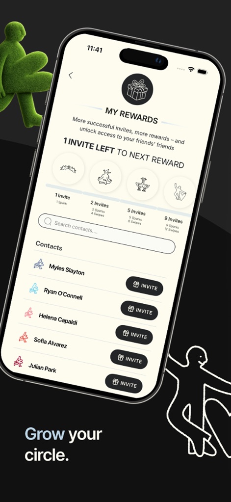 Cerca: Meet Your Mutuals - The 'My Rewards' section motivates users to expand their network by displaying 'Invite' buttons next to contacts such as 'Myles Slayton' and 'Ryan O'Connell', linking growth to tangible benefits.