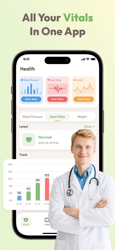 Blood Pressure Tracker+:AI Log - The app consolidates key health metrics within a single intuitive interface, showcasing blood pressure, heart rate, and weight tracking cards alongside an interactive progress chart.