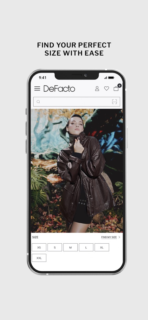 DeFacto - Clothing & Shopping - Gli utenti possono scegliere facilmente la taglia desiderata tramite i chiari pulsanti di selezione della taglia e usufruire della funzione 'FIND MY SIZE' per un acquisto personalizzato e senza errori.