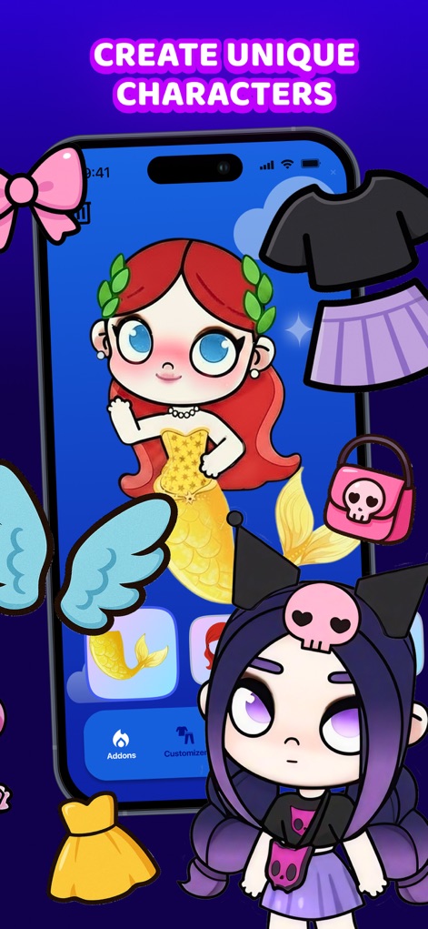 Avatar World - Cute Life Mods - The app provides diverse visual elements for character creation, allowing users to combine mermaid tails with stylish skirts and add whimsical wings or skull-themed accessories.