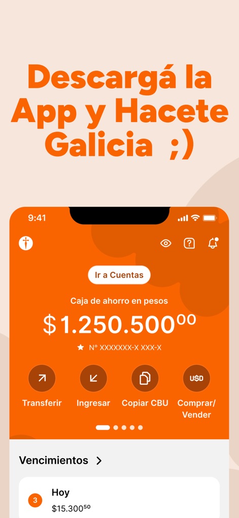 Galicia - El banco en tu celu - このアプリはユーザーの主要なペソ建て貯蓄口座残高を明確に表示し、送金や米ドル売買などの主要な操作を即座に行えるよう、シンプルなアイコンで提供します。