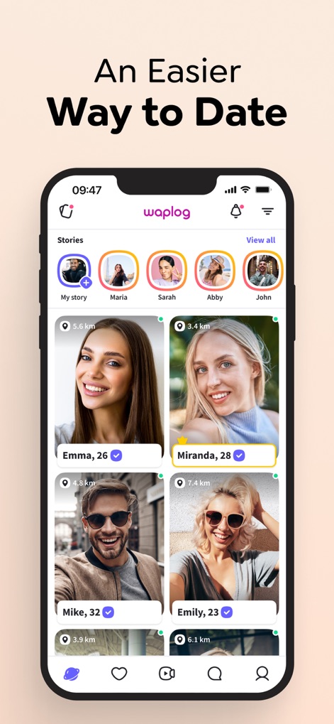 Waplog - Dating & Video Call - The app presents a streamlined feed for discovering singles, prominently featuring interactive 'Stories' and clearly displaying user ages and distances.