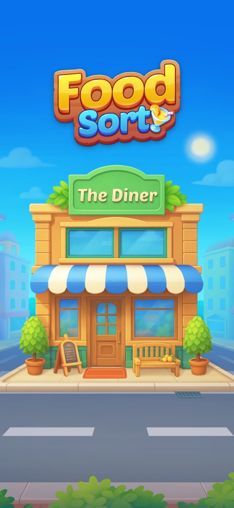 Food Sort: Puzzle Game - La escena de bienvenida introduce a los usuarios al vibrante mundo del juego, destacando el encantador edificio del restaurante "The Diner" y el logotipo distintivo del juego "Food Sort" en un cielo azul brillante.