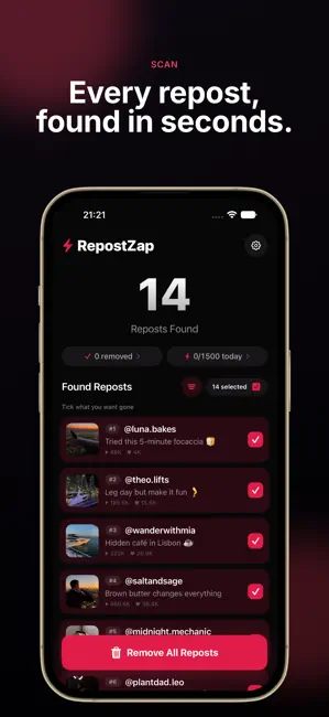 RepostZap: Repost Remover iPhone screenshot 2