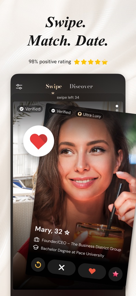 Luxy - Selective Dating App - Users can efficiently browse detailed profiles like Mary's, featuring verification badges and professional role information, to find compatible partners.