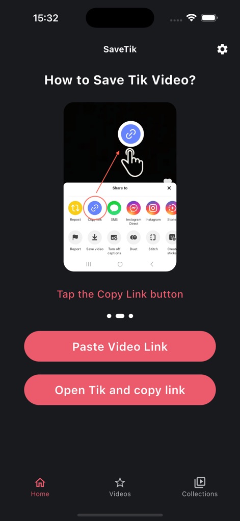 SaveTik: Tik Tock Video Saver - This tool simplifies the process of obtaining video links by directing users to the essential 'Copy Link' option within TikTok's share sheet interface.
