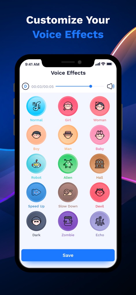 AI Voice Generator - Prankster - Discover a wide array of 'Voice Effects' displayed as colorful icons, from 'Robot' to 'Zombie,' enabling users to customize their recordings before saving.