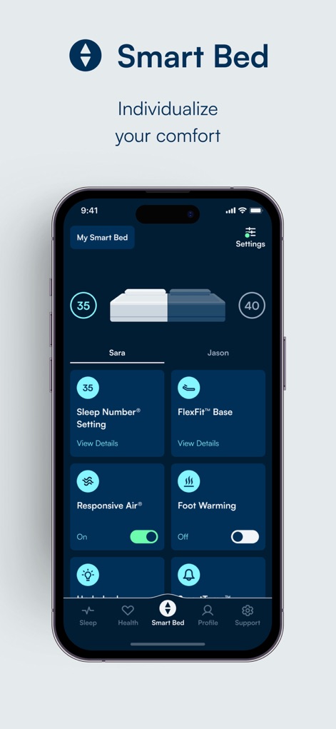 Sleep Number - The app offers intuitive controls for individual Sleep Number settings and allows users to activate advanced features such as Responsive Air and Foot Warming.