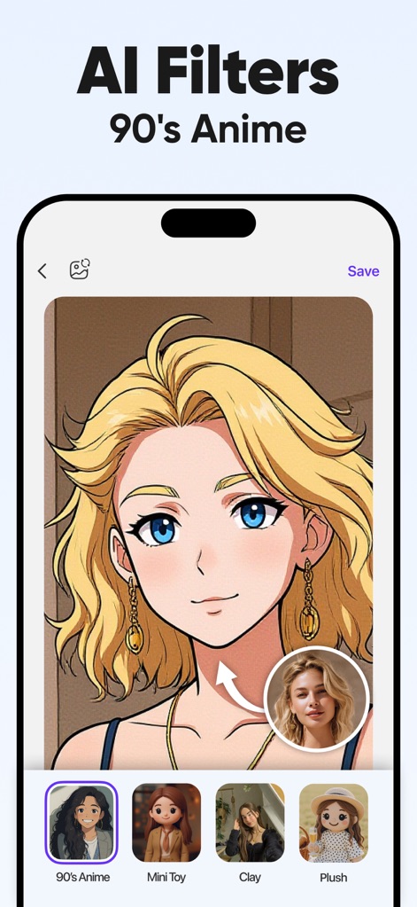 Unblur - AI Photo Enhancer - Este filtro de IA transforma a pessoa em um personagem de anime dos anos 90, com a imagem original em miniatura servindo de referência no canto. A distinção entre a foto real e o estilo de cabelo e olhos do desenho animado é claramente ilustrada.