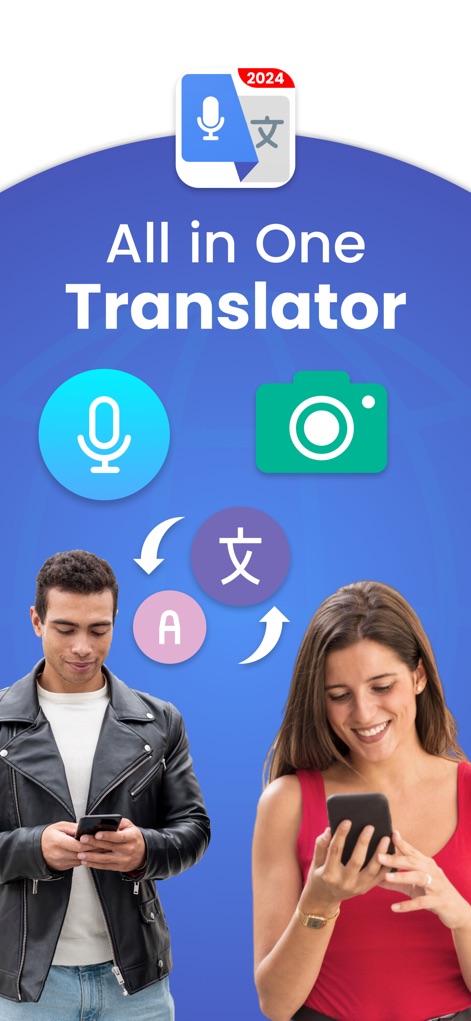 Translate Voice Translator App - This screenshot showcases the app's comprehensive translation suite, integrating voice and camera input with diverse translation options.