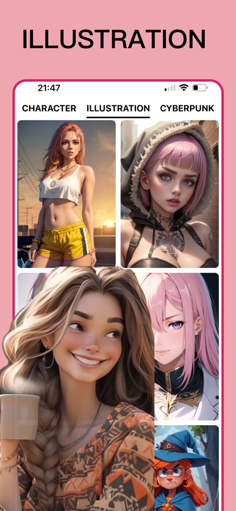 AIArt - AI Picture Generator - La aplicación ofrece una rica variedad de ilustraciones, permitiendo a los creadores generar desde personajes estilizados hasta escenas detalladas, como se muestra en la pestaña "ILLUSTRATION" y los ejemplos de personajes femeninos.
