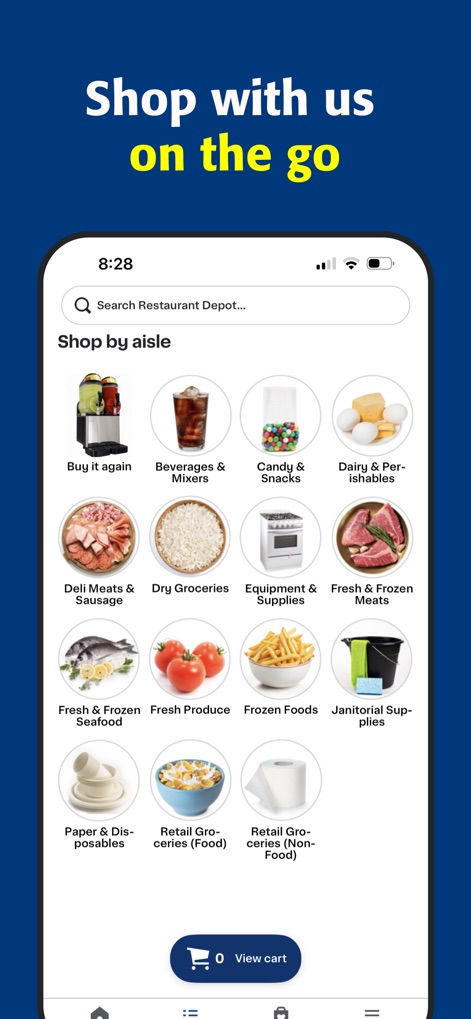 Restaurant Depot Mobile - A tela mostra como o aplicativo organiza produtos por categorias, como 'Compre Novamente' para reabastecimento rápido e 'Suprimentos de Limpeza' para todas as necessidades operacionais.