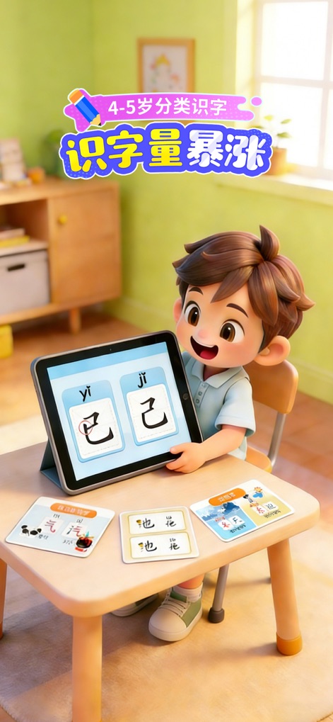宝宝巴士汉字-儿童识字认字早教启蒙学习软件 - Für Kinder von 4-5 Jahren ermöglicht die App das Erkennen und Unterscheiden von Zeichen durch visuelle Vergleiche auf dem Tablet, ergänzt durch physische Karten mit thematisch passenden Illustrationen.