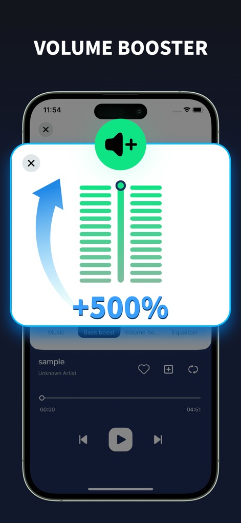 Bass Booster - Volume Booster - Witness the dynamic 'VOLUME BOOSTER' in action, demonstrating a significant '+500%' increase in audio output with clear visual feedback.