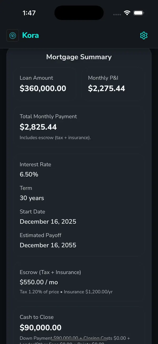 Kora Mortgage Calculator Screenshot 3