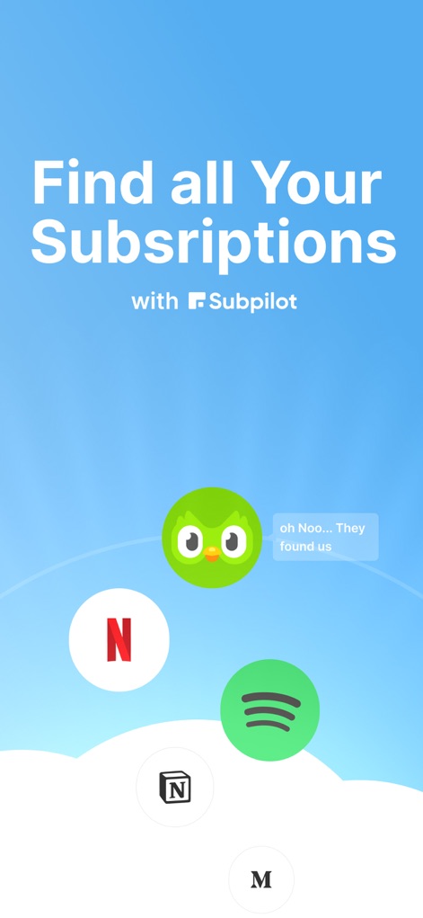SubPilot: Cancel Subscriptions - Esta pantalla de bienvenida atrae a los usuarios mostrando el logo de Duolingo y las marcas conocidas como Netflix y Spotify, resaltando la capacidad de la aplicación para identificar servicios populares.