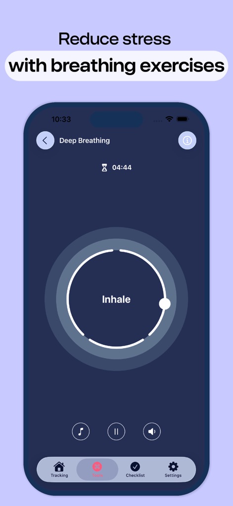 Pregnancy Tracker, Due Date - The app offers calming deep breathing exercises, guided by a visual circular animation and explicit 'Inhale' and 'Exhale' prompts.