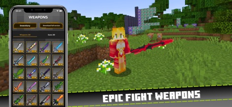 Gun Addon for Minecraft - 이 스크린샷은 사용자가 2D 및 3D 탭에서 다양한 무기 목록을 탐색하고, 마인크래프트 캐릭터가 든 거대한 검을 통해 에픽 전투를 준비하는 모습을 보여줍니다.