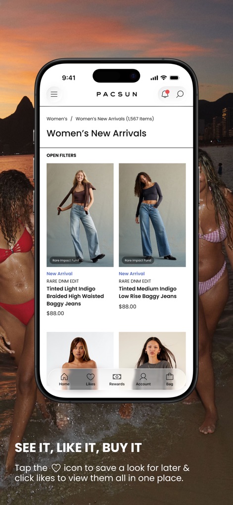 Pacsun - Discover the organized 'Women's New Arrivals' product grid, enabling easy browsing and allowing users to save preferred items with the integrated heart icon.