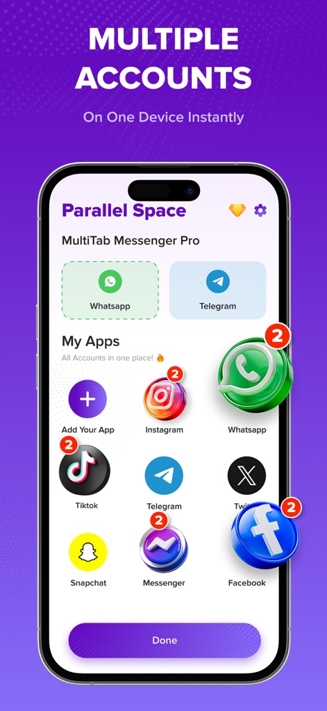 Parallel Space Dual Account - Cet outil offre une interface épurée pour cloner et organiser les applications, avec des icônes d'applications clonées clairement identifiables et un bouton "Add Your App" pour une personnalisation facile.