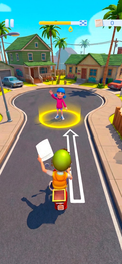 Paper Boy Race: Run & Rush 3D - La imagen ilustra la mecánica de entrega, donde la niña en un círculo brillante marca el objetivo, y la calle curva junto al paisaje residencial crea un ambiente acogedor para la acción.