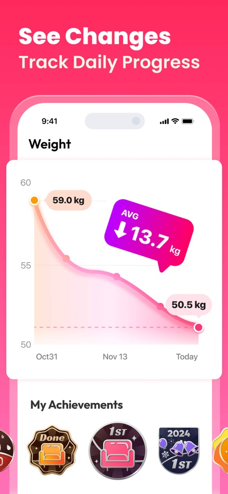 Workout for Women: Fit at Home - Esta tela de acompanhamento visualiza o progresso das usuárias, com um **gráfico de perda de peso** e a exibição de **conquistas alcançadas**, motivando a continuidade da jornada fitness.