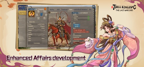 ThreeKingdoms The Last Warlord - Esta captura revela a interface de informações detalhadas de um oficial, incluindo seus atributos e equipamentos, ao lado de uma ilustração vibrante de uma personagem feminina com vestes coloridas, enfatizando a profundidade do desenvolvimento de assuntos.