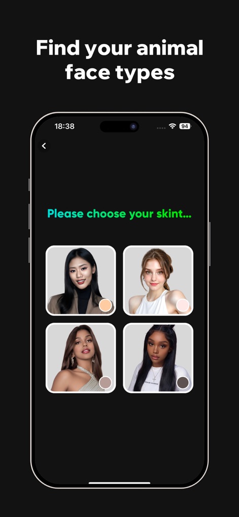 AnimalFace - looksmax ai score - Users are prompted to "Please choose your skintone" from a selection of diverse "female faces," enabling personalized analysis for their animal face type.