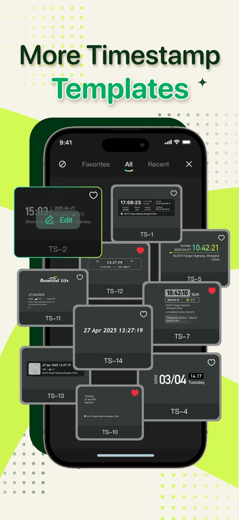 Timestamp Camera -AI Timestamp - Os usuários podem explorar uma vasta biblioteca de modelos de carimbo de data/hora, organizados por abas como "Favorites" e "All", oferecendo estilos variados para cada necessidade.