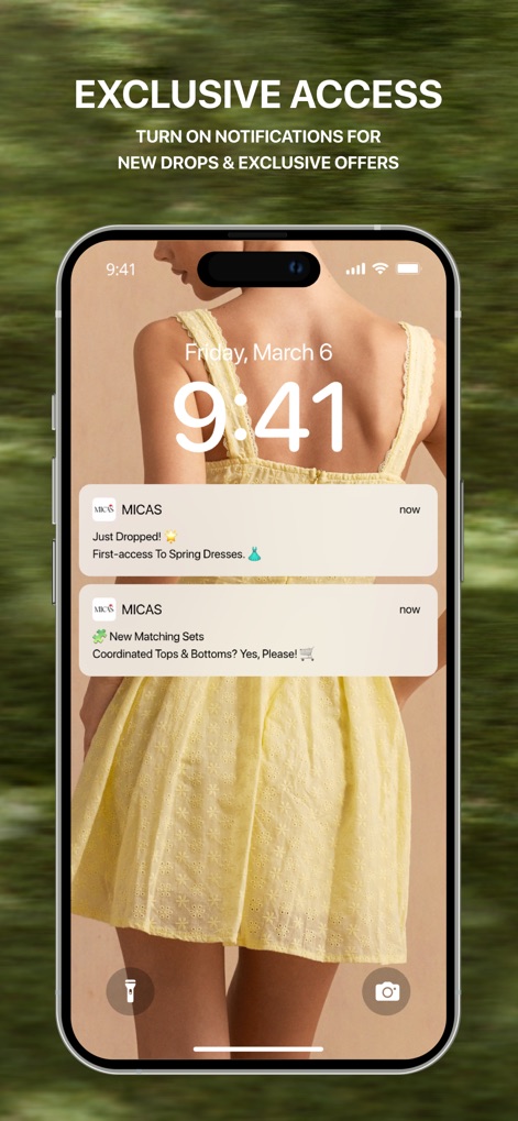 MICAS - Shop Women's Fashion - アプリのプッシュ通知を有効にすることで、ユーザーは新作アイテムの先行アクセスや「Spring Dresses」のような独占的なオファーをリアルタイムで受け取ることができます。