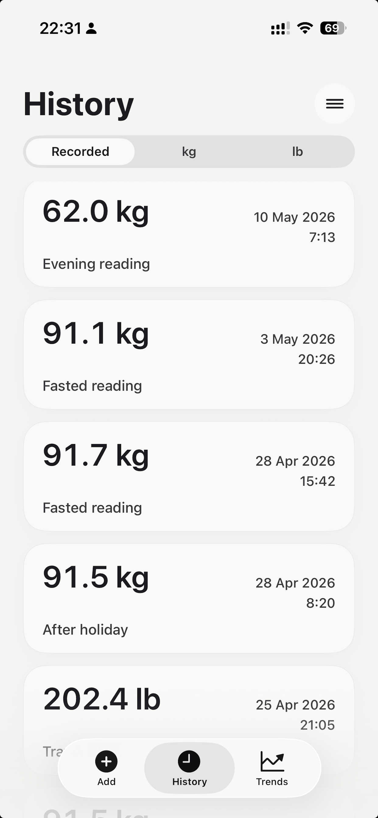 QuickWeightLog screenshot 2