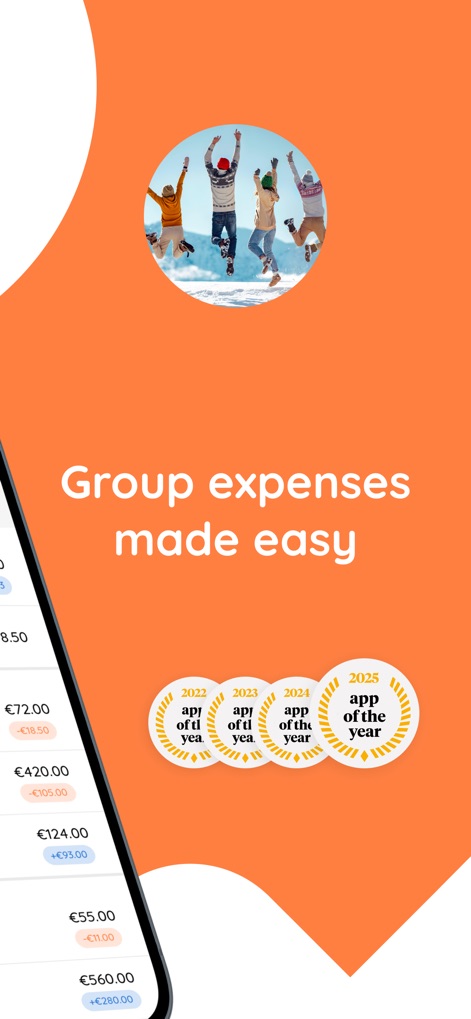 Splitser - WieBetaaltWat - The app streamlines expense management with a clear, intuitive interface and showcases its multiple 'App of the Year' awards.
