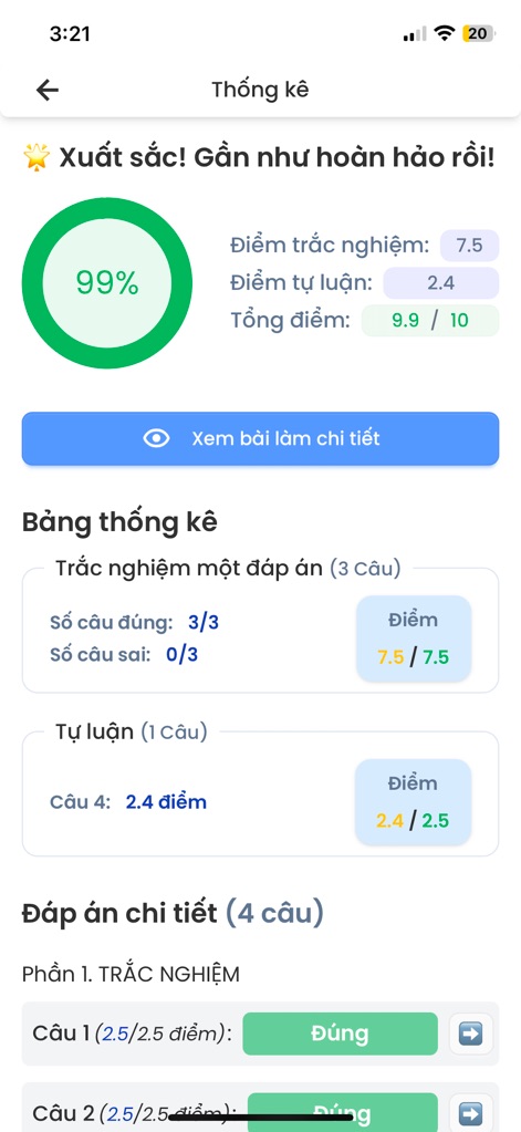 Azota Student - The app presents a visual percentage score and a detailed breakdown of multiple-choice and essay results, offering granular insight into performance.