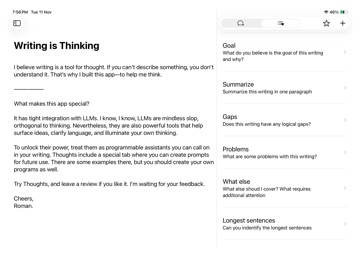 Thoughts – AI Text Editor iPad screenshot