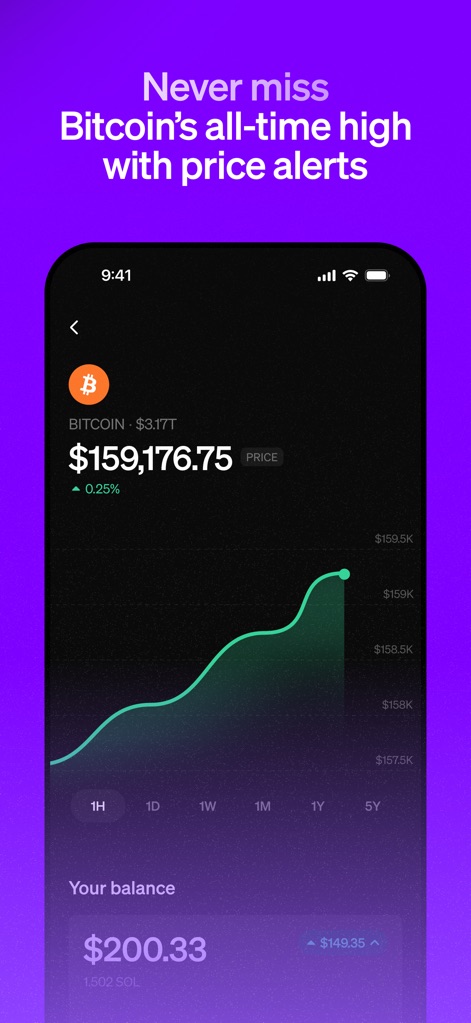 MoonPay: Buy Crypto - La herramienta proporciona un gráfico de precios detallado de 'Bitcoin' con su valor actual de $159,176.75, y muestra el 'Your balance' del usuario en $200.33.