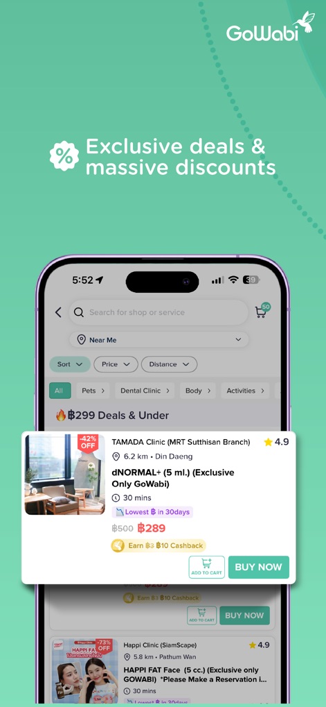 GoWabi - Beauty & Wellness - The app empowers users to refine searches with specific filters for "Price" and "Distance", while individual deal cards clearly display significant percentage discounts and "Earn Cashback" opportunities.