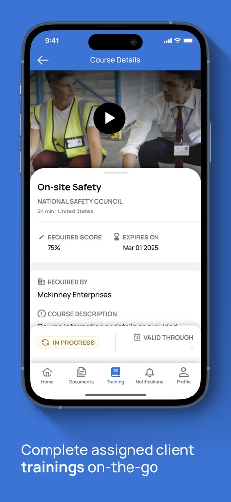 Empower, by ISN - Users can complete essential 'On-site Safety' trainings directly within the app, with clear indicators for the 'Required Score' and other course details.