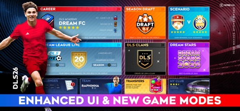 Dream League Soccer 2026 - La interfaz principal revela una amplia variedad de modos de juego como 'Career' y 'Season Draft', junto a la gestión de jugadores con 'Raphinha' y 'Alvarez' destacando.