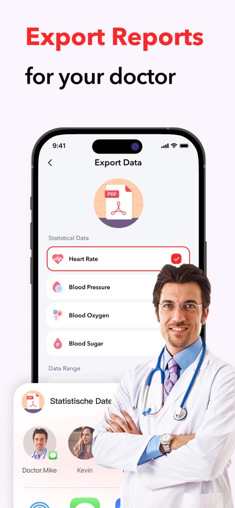 iCardio - Heart Rate Tracker - The app allows users to easily export health data as a PDF document and provides clear options for sharing these detailed reports with medical professionals.