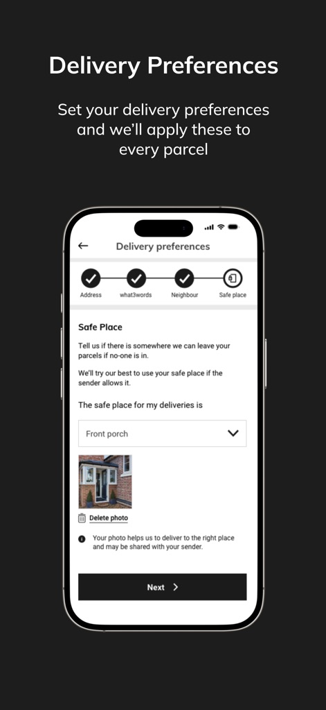 Yodel by InPost - The app empowers users to personalize their delivery experience by selecting a preferred safe place and uploading a corresponding photo for clear instructions.