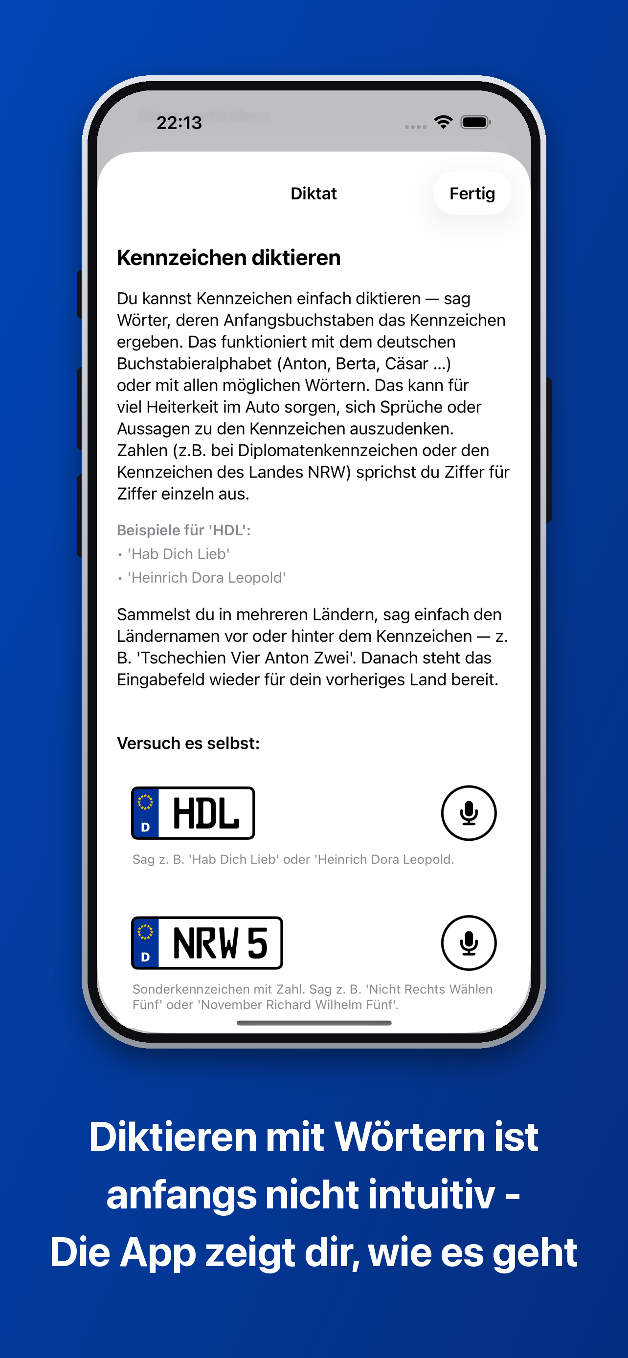 Kennzeichen sammeln mit Stimme